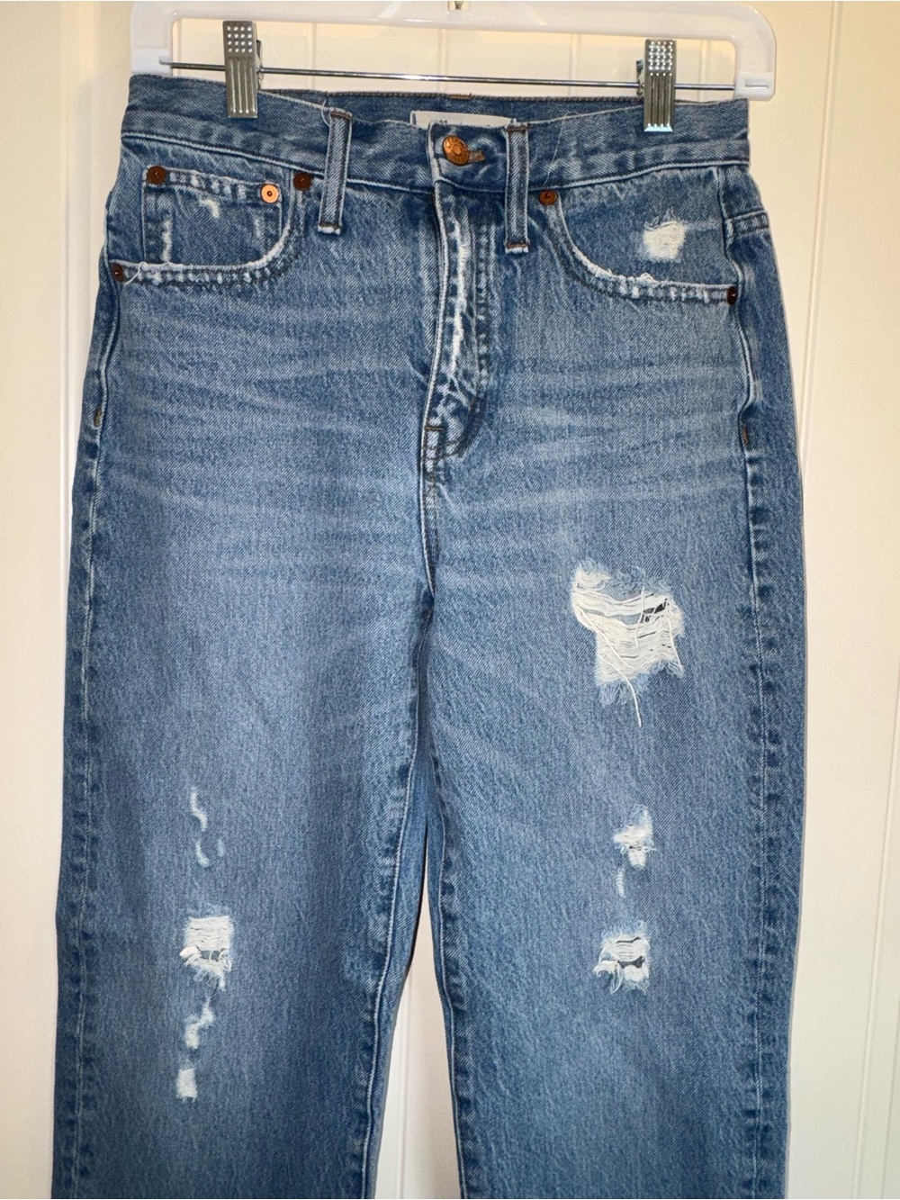 Madewell Boyfriend Jeans in Medium Blue Wash with Distressing